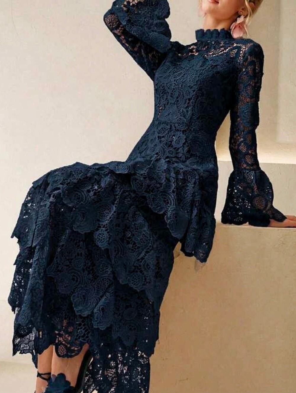 New Luxe Embroidered Sheer Floral Tiered Ruffle Maxi Dress Navy Blue - Picture 6 of 9